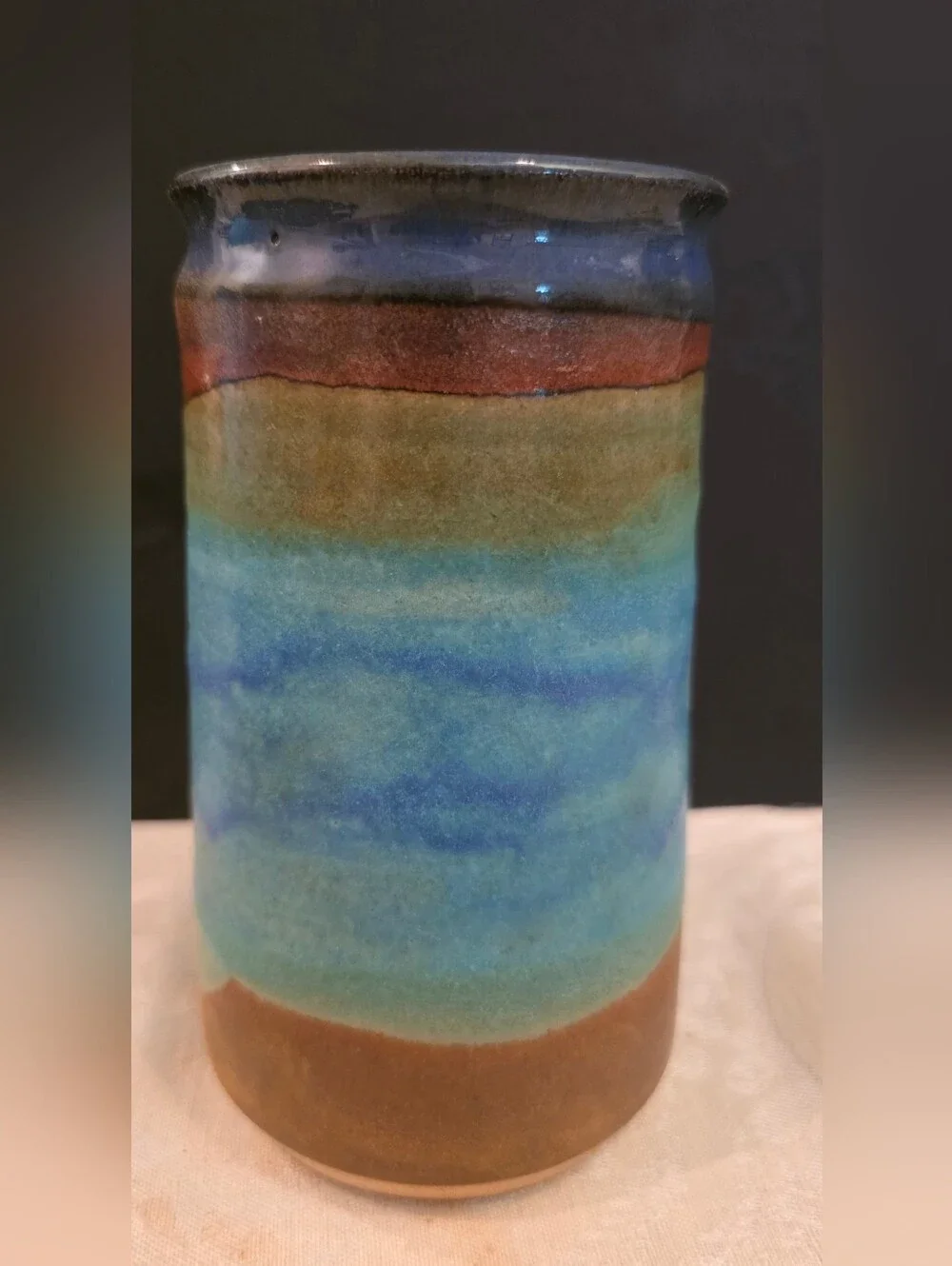 Studip Art Pottery Glazed Vase Bands Of Blue/Green/ Brown Signed 6 